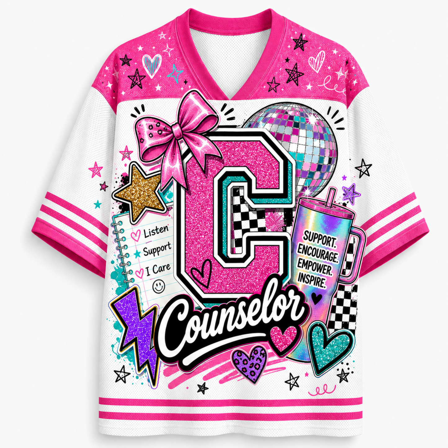 A women's V-neck athletic-style graphic top with bright pink and white color blocking, featuring a large glittery pink letter 'C' and the word 'Counselor,' plus decorative stars, hearts, a disco ball, and motivational text on a white background.