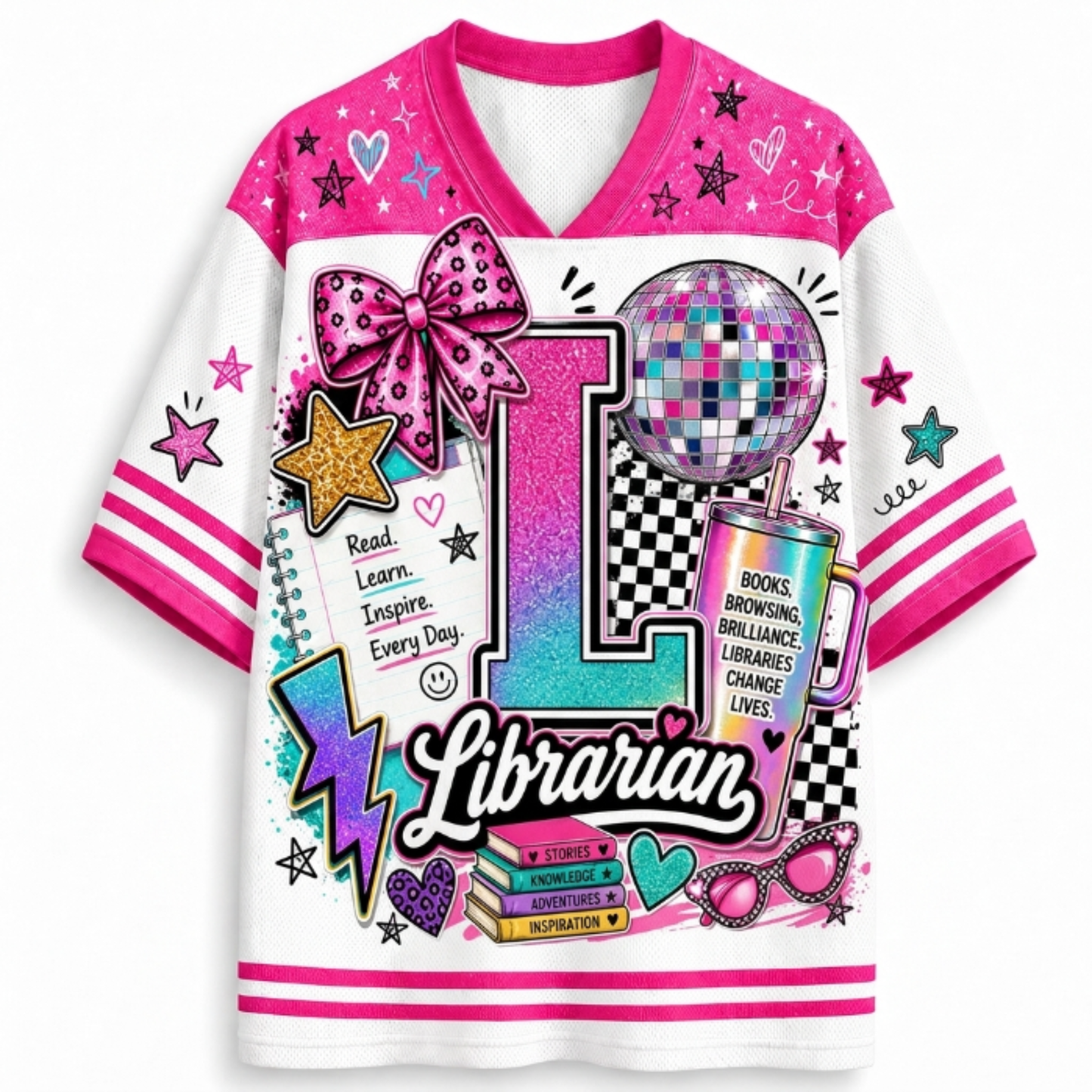 A white and pink V-neck graphic T-shirt featuring a colorful 'L Librarian' design with a disco ball, books, stars, and a bow on a clean white background.