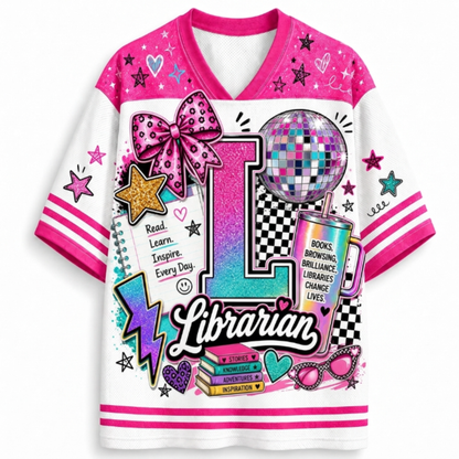 A white and pink V-neck graphic T-shirt featuring a colorful 'L Librarian' design with a disco ball, books, stars, and a bow on a clean white background.