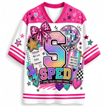 A white short-sleeve V-neck t-shirt with a vibrant, colorful graphic design featuring the word 'SPED' and motivational text, decorated with pink bows, stars, hearts, and a disco ball motif.