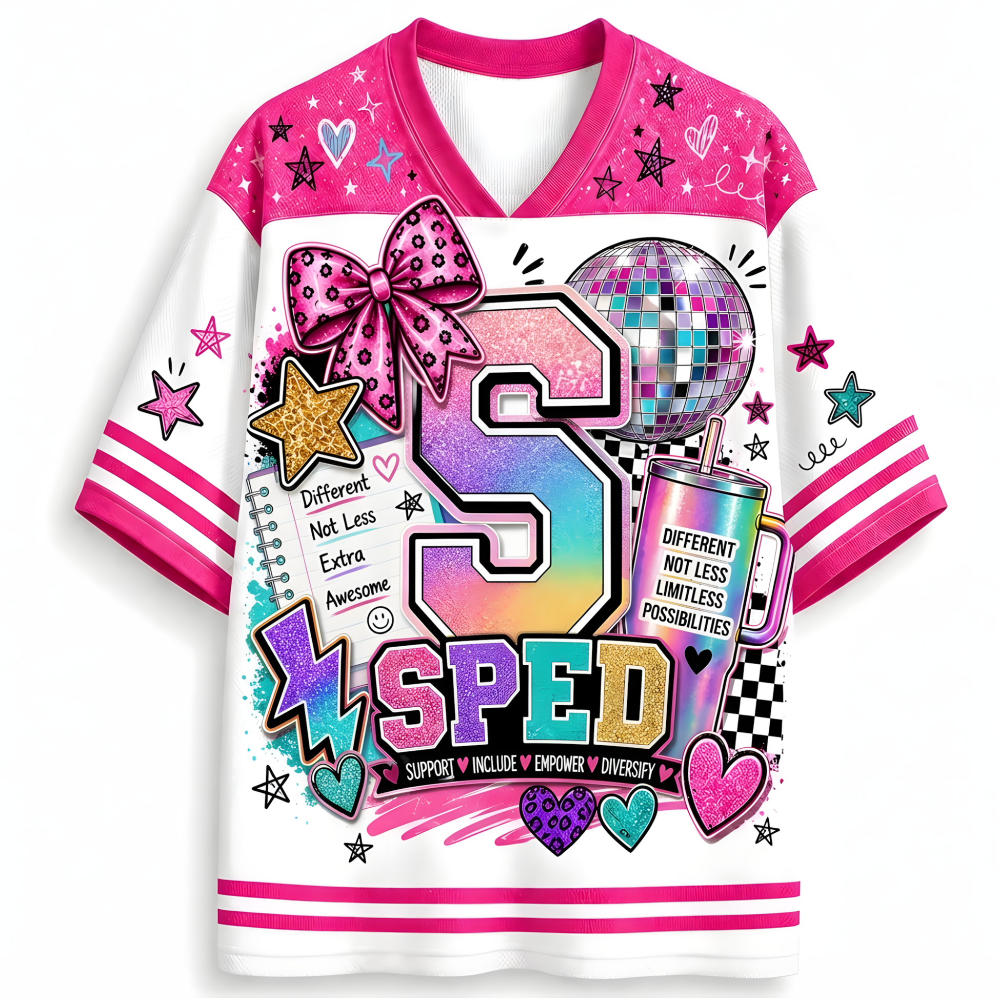 A white short-sleeve V-neck t-shirt with a vibrant, colorful graphic design featuring the word 'SPED' and motivational text, decorated with pink bows, stars, hearts, and a disco ball motif.