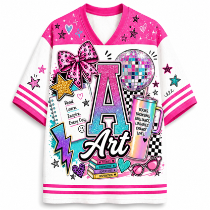 A white and pink V-neck short-sleeve graphic T-shirt with a colorful 'Art' letter design and retro 90s/2000s themed illustrations including a disco ball, stars, sunglasses, and books.