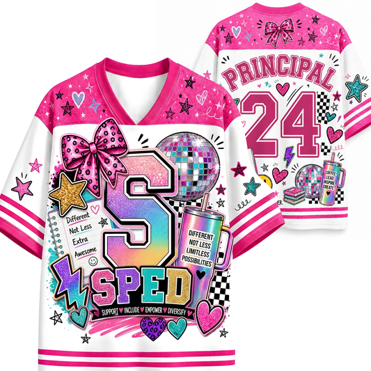 A pink and white V-neck sports jersey shown from both front and back, decorated with colorful graphic elements including a large number 5, the word 'SPED', stars, hearts, a disco ball, and 'PRINCIPAL 24' on the back.
