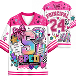 A pink and white V-neck sports jersey shown from both front and back, decorated with colorful graphic elements including a large number 5, the word 'SPED', stars, hearts, a disco ball, and 'PRINCIPAL 24' on the back.