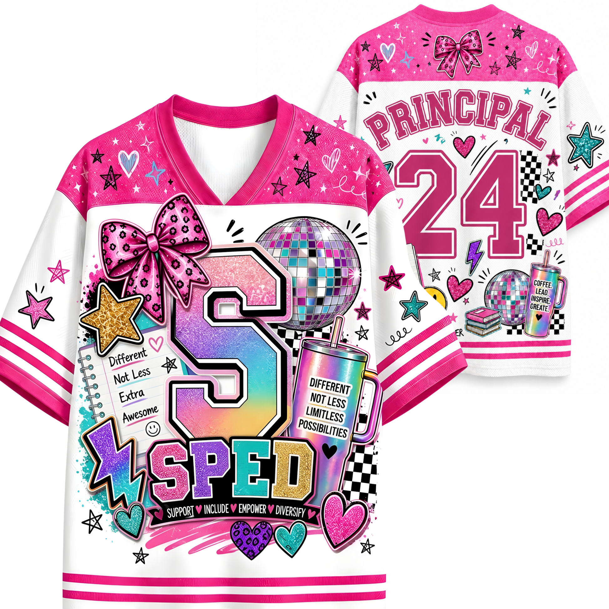 A pink and white V-neck sports jersey shown from both front and back, decorated with colorful graphic elements including a large number 5, the word 'SPED', stars, hearts, a disco ball, and 'PRINCIPAL 24' on the back.