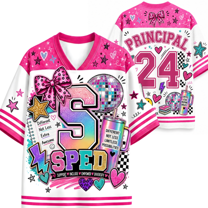 A pink and white V-neck sports jersey shown from both front and back, decorated with colorful graphic elements including a large number 5, the word 'SPED', stars, hearts, a disco ball, and 'PRINCIPAL 24' on the back.