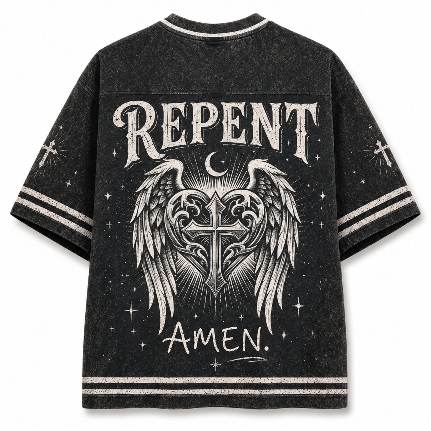 A black acid-wash t-shirt with a distressed gothic graphic on the back featuring the word 'REPENT' in a distressed white font, an angel wing and cross design, a crescent moon, and 'AMEN.' written below.
