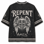 A black acid-wash t-shirt with a distressed gothic graphic on the back featuring the word 'REPENT' in a distressed white font, an angel wing and cross design, a crescent moon, and 'AMEN.' written below.