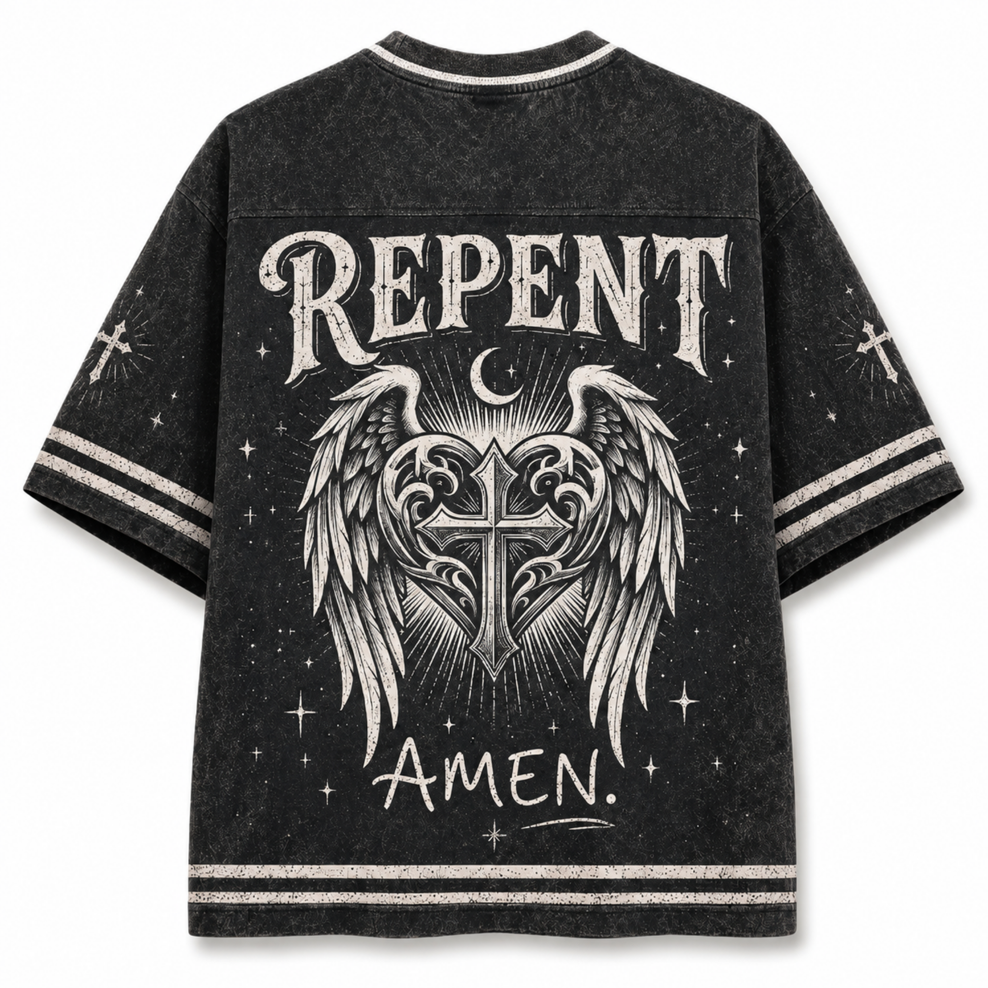 A black acid-wash t-shirt with a distressed gothic graphic on the back featuring the word 'REPENT' in a distressed white font, an angel wing and cross design, a crescent moon, and 'AMEN.' written below.