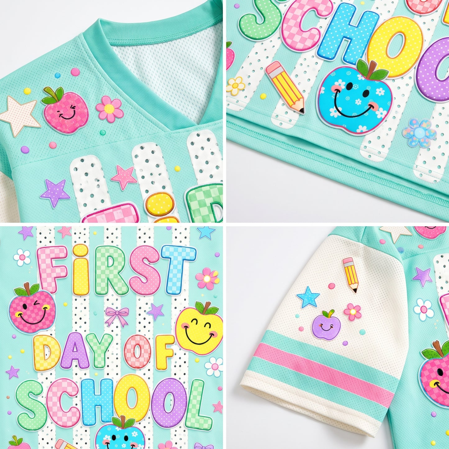Compilation of detail shots on ChaoticClub school jersey showing the ribbed V-neck, athletic sleeve stripes, high-quality vibrant graphics, and hem texture.