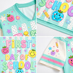 Compilation of detail shots on ChaoticClub school jersey showing the ribbed V-neck, athletic sleeve stripes, high-quality vibrant graphics, and hem texture.