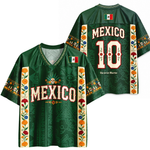 ChaoticClub Floral Mexico Mesh Jersey front and back view featuring vibrant green design with MEXICO typography, number 10, and Día de los Muertos floral patterns.