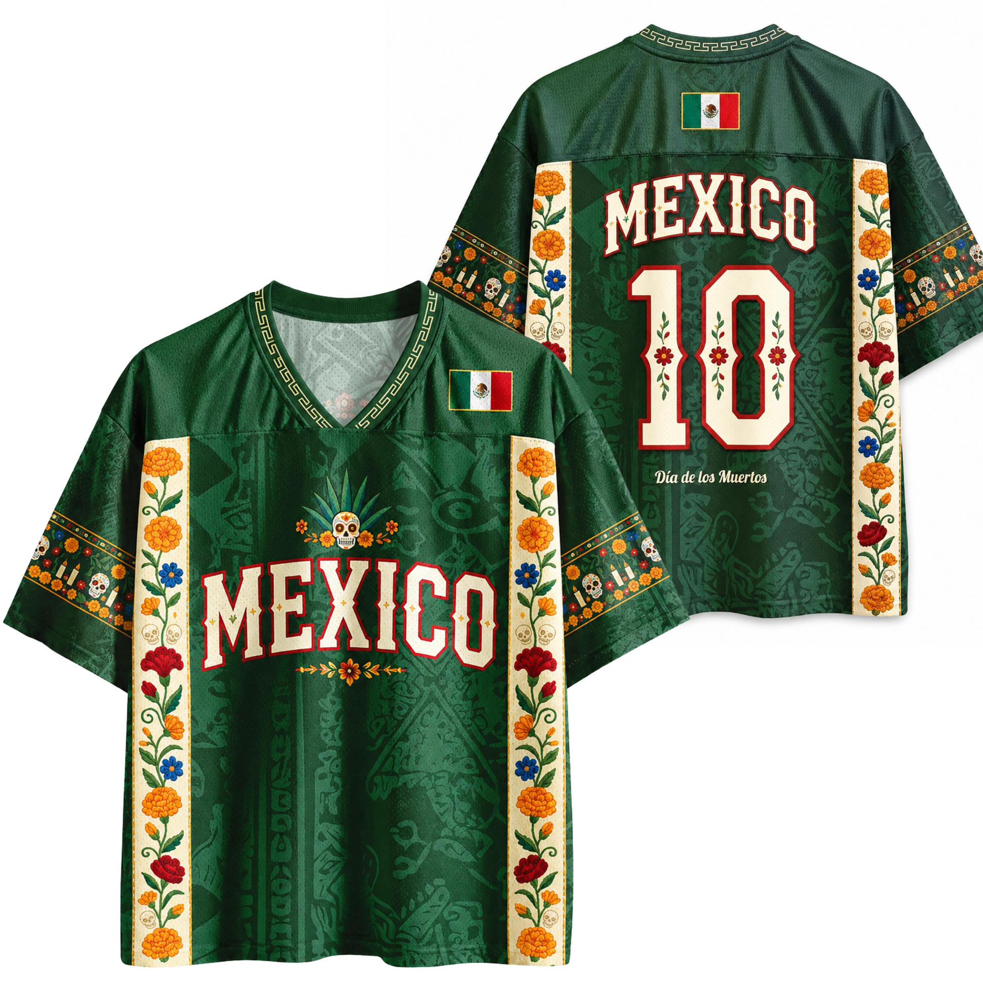 ChaoticClub Floral Mexico Mesh Jersey front and back view featuring vibrant green design with MEXICO typography, number 10, and Día de los Muertos floral patterns.