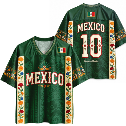 ChaoticClub Floral Mexico Mesh Jersey front and back view featuring vibrant green design with MEXICO typography, number 10, and Día de los Muertos floral patterns.