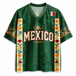 ChaoticClub Floral Mexico Mesh Jersey front view showing V-neck collar, MEXICO text, Mexican flag patch, and colorful floral side panels.