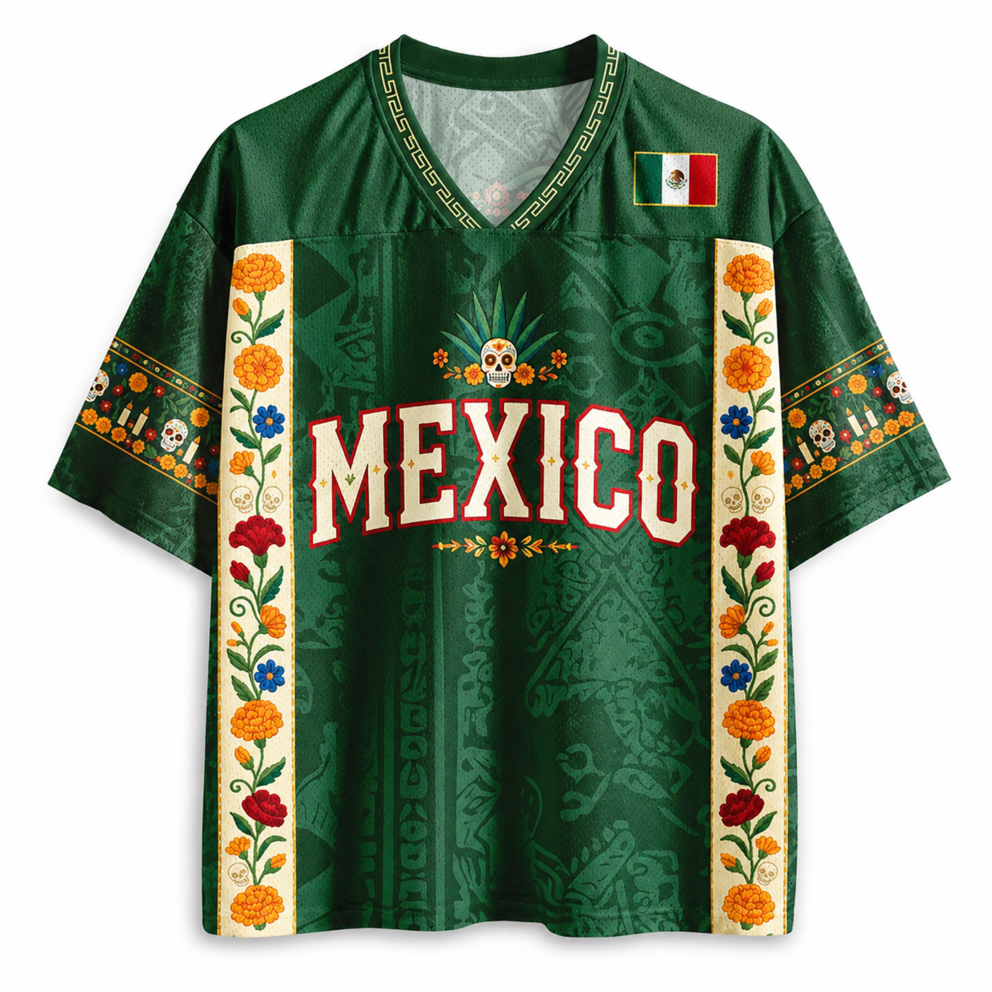 ChaoticClub Floral Mexico Mesh Jersey front view showing V-neck collar, MEXICO text, Mexican flag patch, and colorful floral side panels.