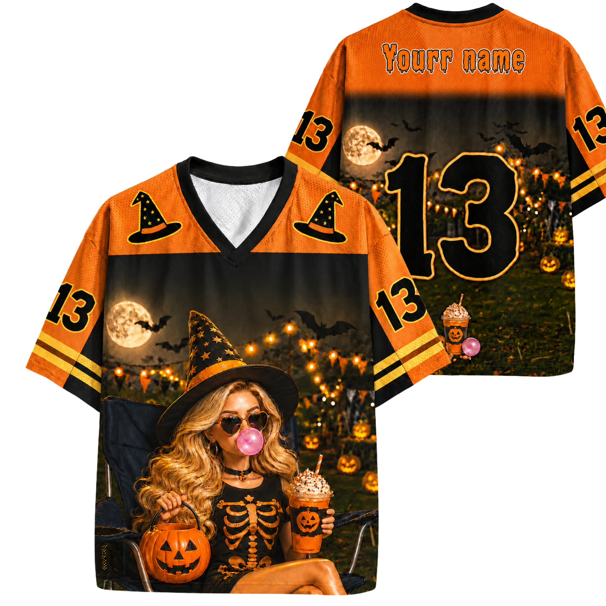 ChaoticClub Halloween witch sports jersey back view highlighting customizable YOUR NAME text, a large orange-outlined black number 13, and spooky pumpkin patch background.