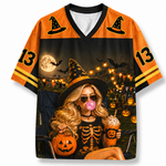 Halloween-themed jersey with a design of a woman in a witch hat and skeleton outfit, holding a pumpkin and drink.
