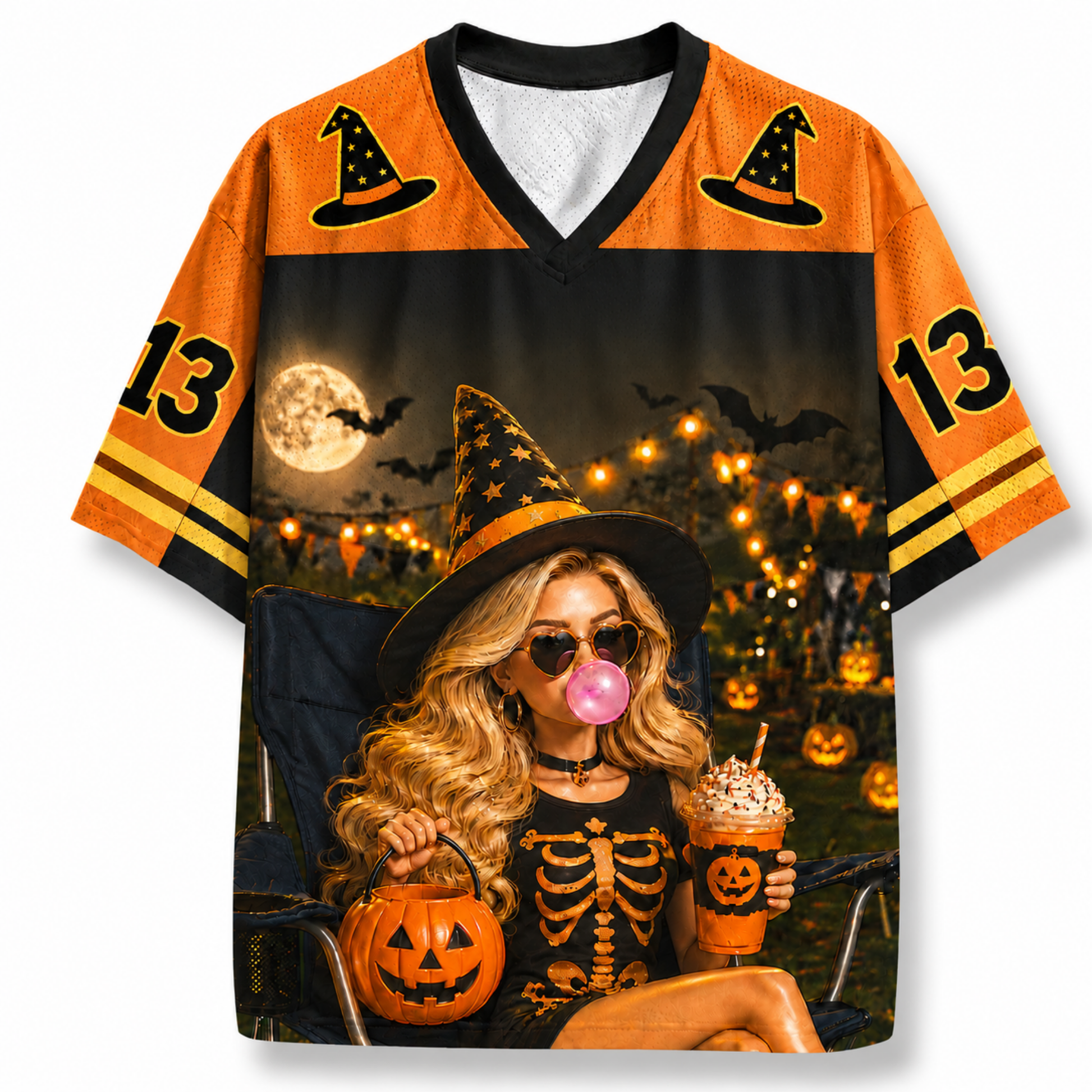 Halloween-themed jersey with a design of a woman in a witch hat and skeleton outfit, holding a pumpkin and drink.