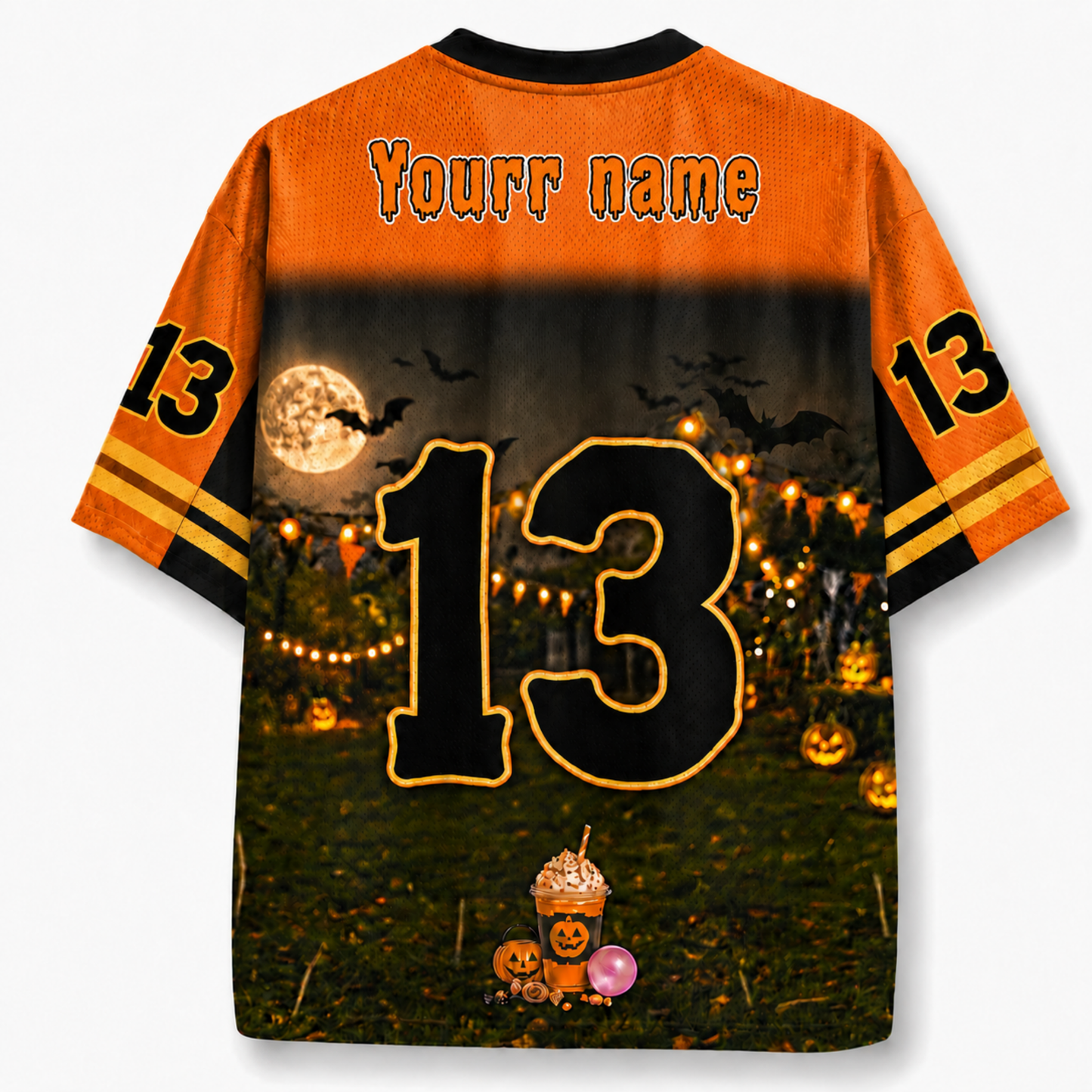 Halloween-themed jersey with number 13 and customizable name, featuring pumpkins and a full moon.