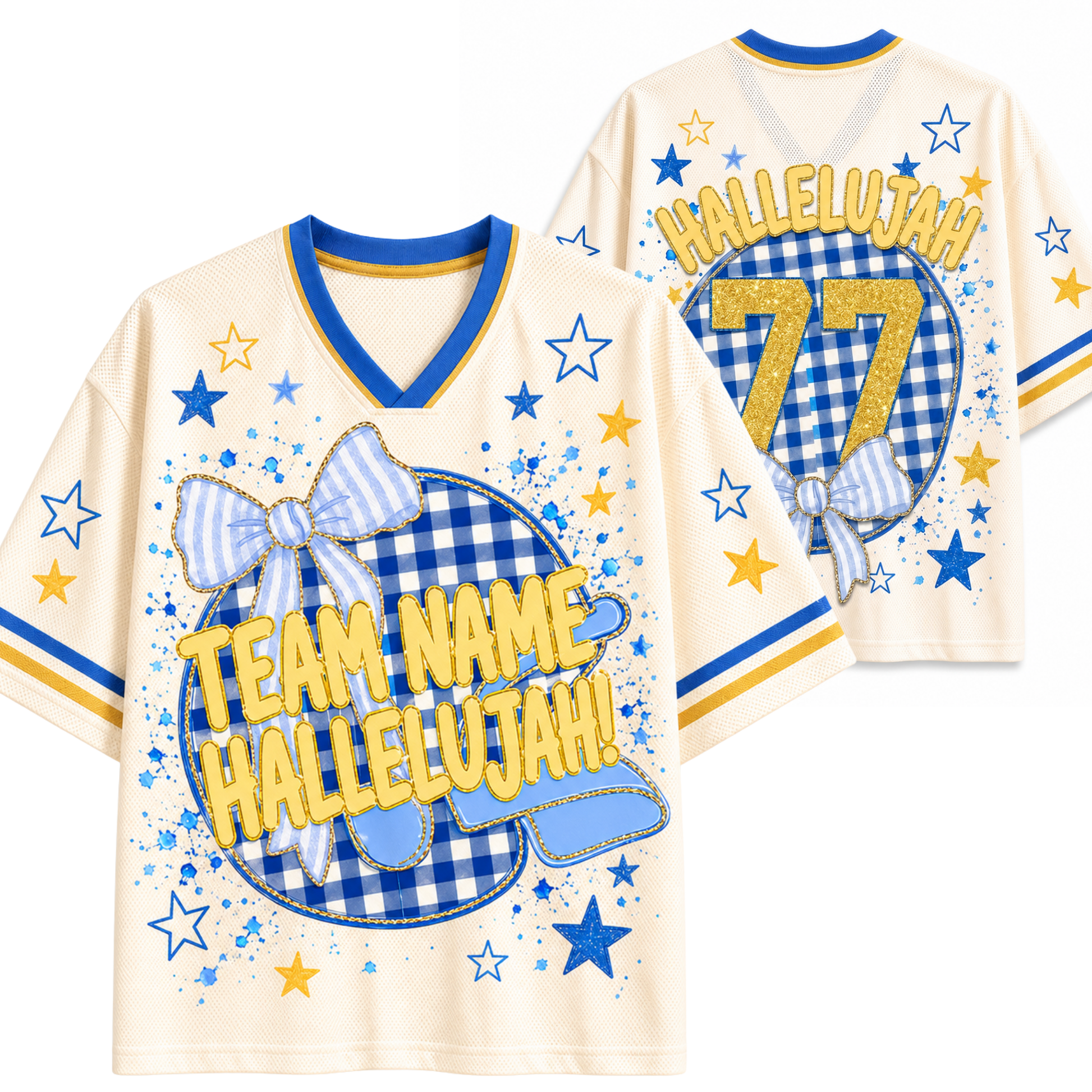 A cream-colored custom sports jersey shown from both the front and back. The jersey features blue and yellow gingham patterns, blue star graphics, a blue bow, and customizable text reading 'TEAM NAME HALLELUJAH!' on the front and 'HALLELUJAH 77' on the back.