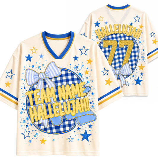 A cream-colored custom sports jersey shown from both the front and back. The jersey features blue and yellow gingham patterns, blue star graphics, a blue bow, and customizable text reading 'TEAM NAME HALLELUJAH!' on the front and 'HALLELUJAH 77' on the back.