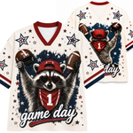 ChaoticClub Game Day Raccoon Football Fan Mesh Jersey front and back view featuring a funny raccoon wearing a football helmet, foam finger graphic,