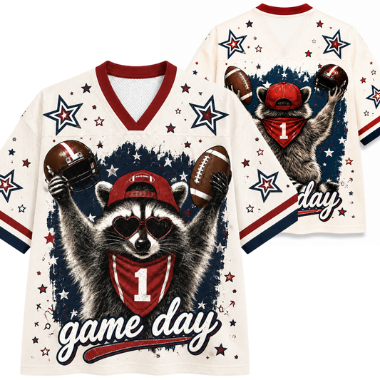 ChaoticClub Game Day Raccoon Football Fan Mesh Jersey front and back view featuring a funny raccoon wearing a football helmet, foam finger graphic,