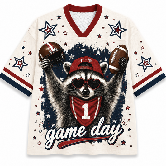 ChaoticClub raccoon football fan mesh jersey front view showing a ribbed athletic V-neck collar, Game Day lettering, and cute trash panda mascot graphic.