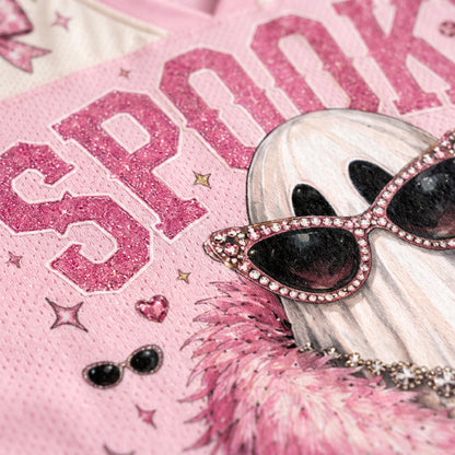 Pink ghost with sunglasses on a pink background with 'Spooky' text