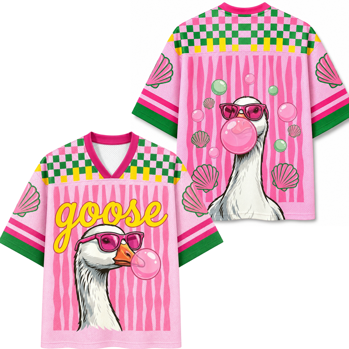 Front and back view of the ChaoticClub Goose Summer Jersey in pink, featuring a cool goose blowing bubblegum, checkered patterns, and striped details in a breathable mesh fabric.