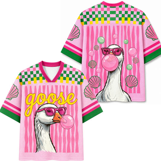 Front and back view of the ChaoticClub Goose Summer Jersey in pink, featuring a cool goose blowing bubblegum, checkered patterns, and striped details in a breathable mesh fabric.