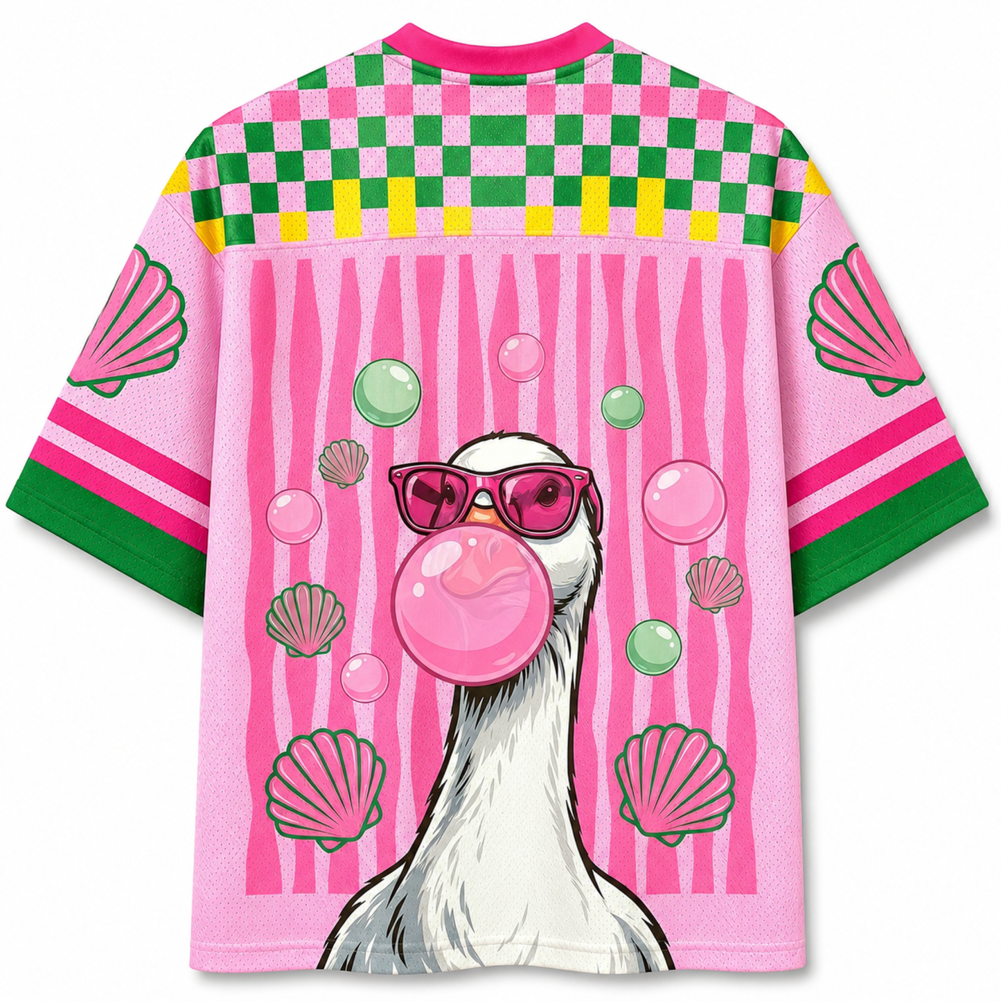 Back view of the ChaoticClub pink jersey showing the goose graphic blowing a bubblegum bubble with seashells and green bubbles accents.