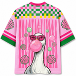 Back view of the ChaoticClub pink jersey showing the goose graphic blowing a bubblegum bubble with seashells and green bubbles accents.