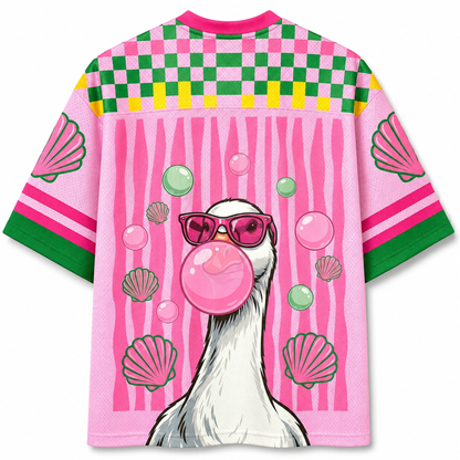 Back view of the ChaoticClub pink jersey showing the goose graphic blowing a bubblegum bubble with seashells and green bubbles accents.