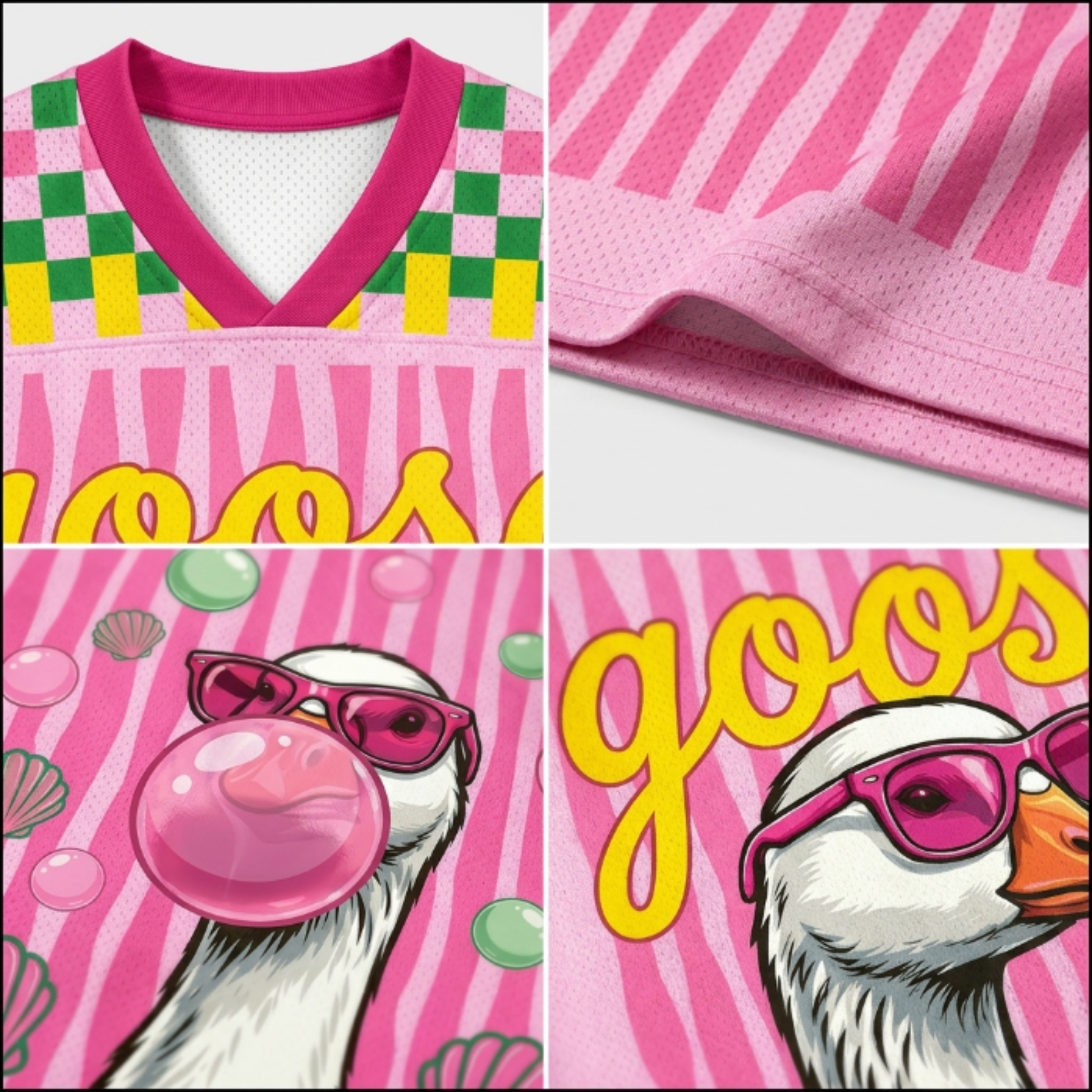 A collage showing the V-neck collar, sleeve stitching, and high-quality print details of the Goose Summer Jersey from ChaoticClub.
