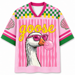 Front view of the pink "Goose" summer jersey with a graphic of a white goose wearing pink sunglasses and yellow "goose" text on a striped pink background.