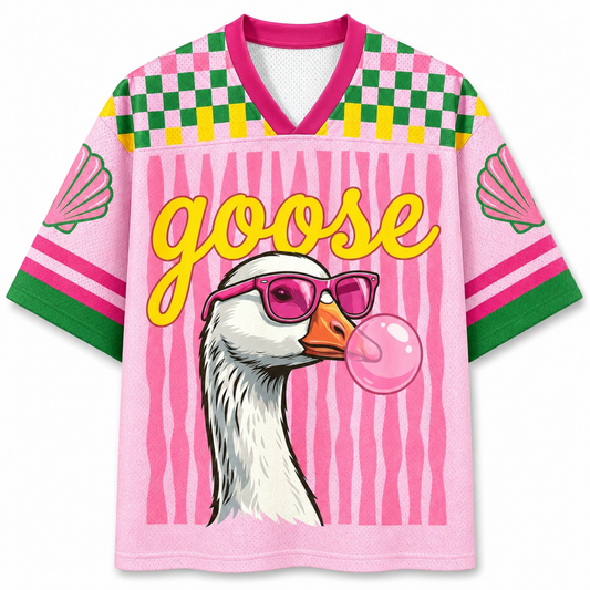 Front view of the pink "Goose" summer jersey with a graphic of a white goose wearing pink sunglasses and yellow "goose" text on a striped pink background.