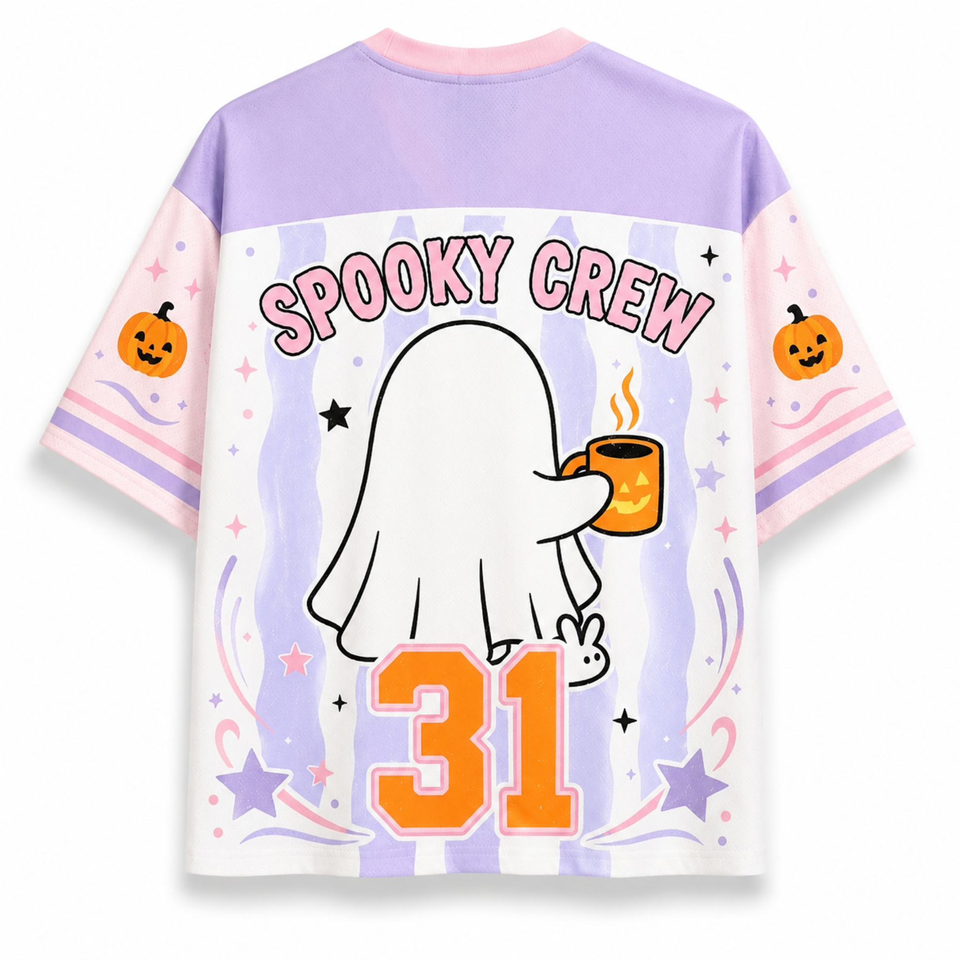 A short-sleeve t-shirt with a split purple and pink color-blocked design, featuring a white ghost graphic holding an orange mug on the back, with 'SPOOKY CREW' and the number '31' printed in pink and orange.