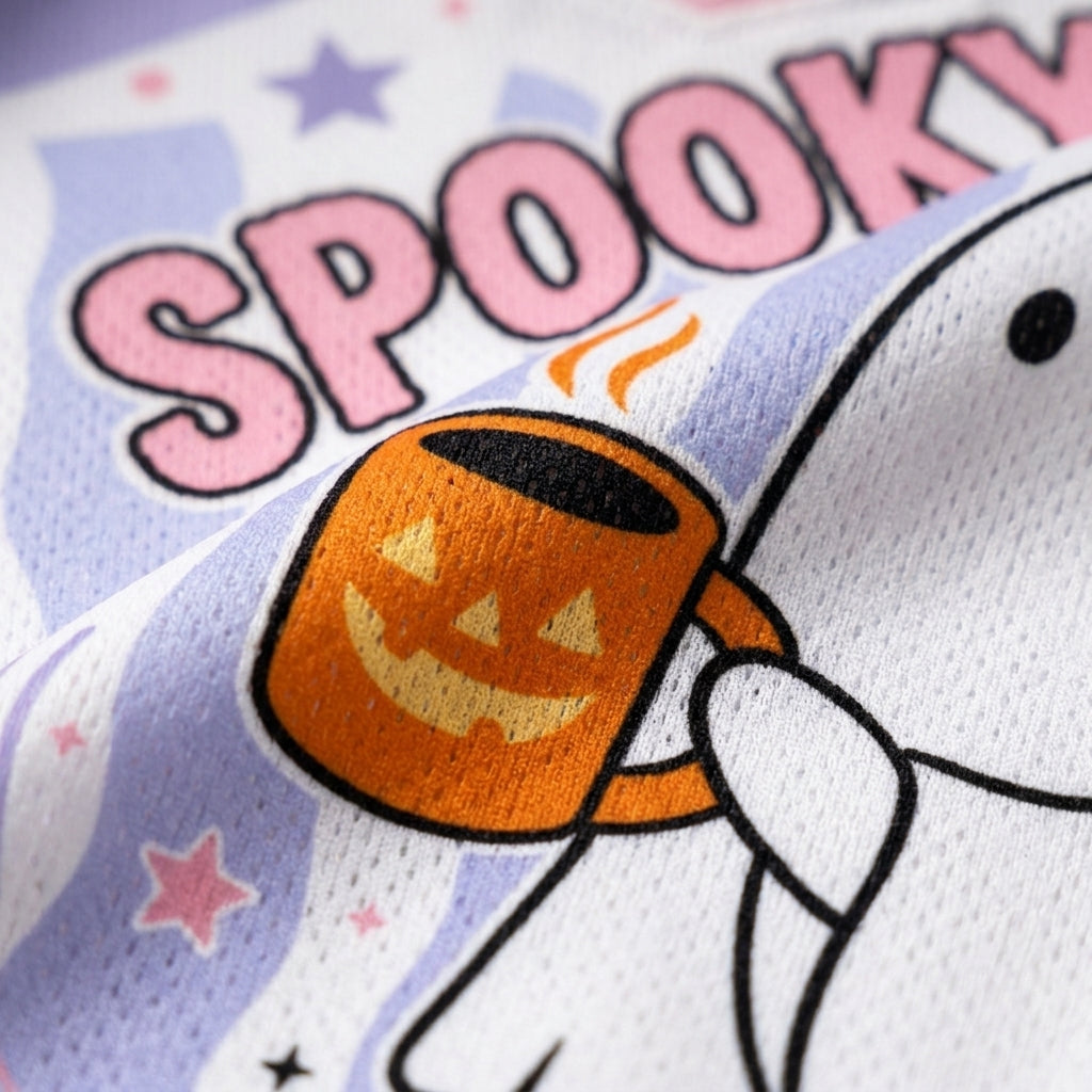 Close-up of a white mesh fabric with a Halloween print featuring the word 'SPOOKY' in pink, a jack-o'-lantern mug, and a ghost outline on a light lavender background with stars.