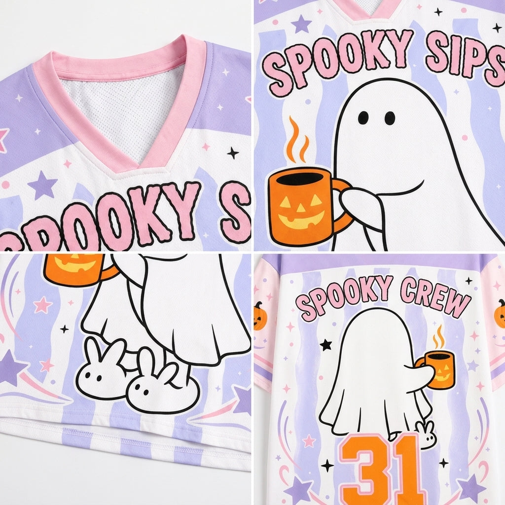 A collage showing three close-up views of a Halloween-themed short-sleeve V-neck T-shirt. The shirt has a light lavender and white striped body with pink trim, featuring cartoon ghost graphics, bunny feet, a jack-o'-lantern mug, and text reading 'SPOOKY SIPS' and 'SPOOKY CREW'.