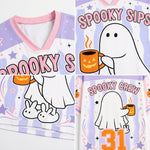 A collage showing three close-up views of a Halloween-themed short-sleeve V-neck T-shirt. The shirt has a light lavender and white striped body with pink trim, featuring cartoon ghost graphics, bunny feet, a jack-o'-lantern mug, and text reading 'SPOOKY SIPS' and 'SPOOKY CREW'.