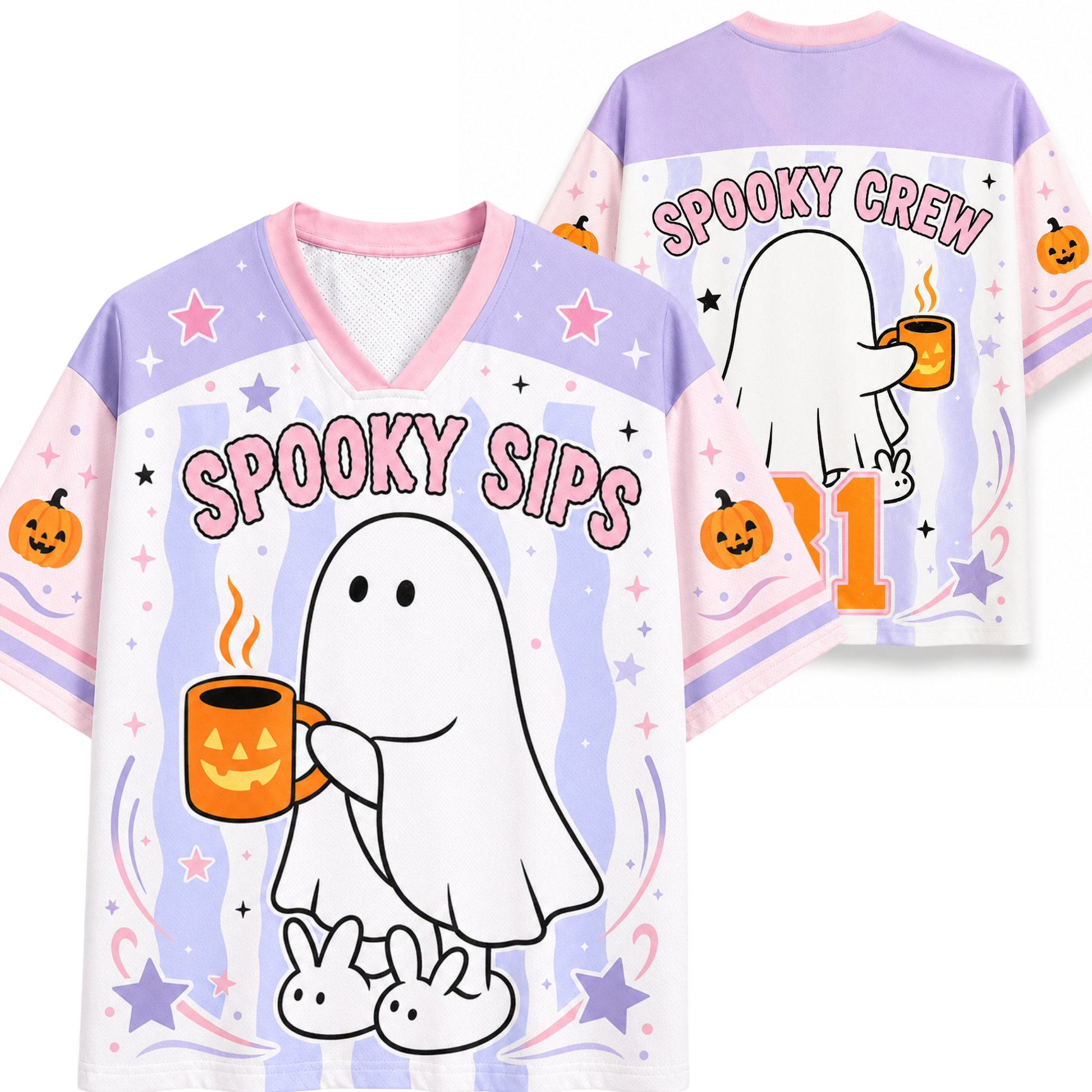 A Halloween-themed short-sleeve V-neck t-shirt shown from both the front and back. The design features a white cartoon ghost holding a glowing orange mug, with 'SPOOKY SIPS' on the front and 'SPOOKY CREW' on the back, decorated with purple stars, pink accents, and orange jack-o'-lanterns on a white background.