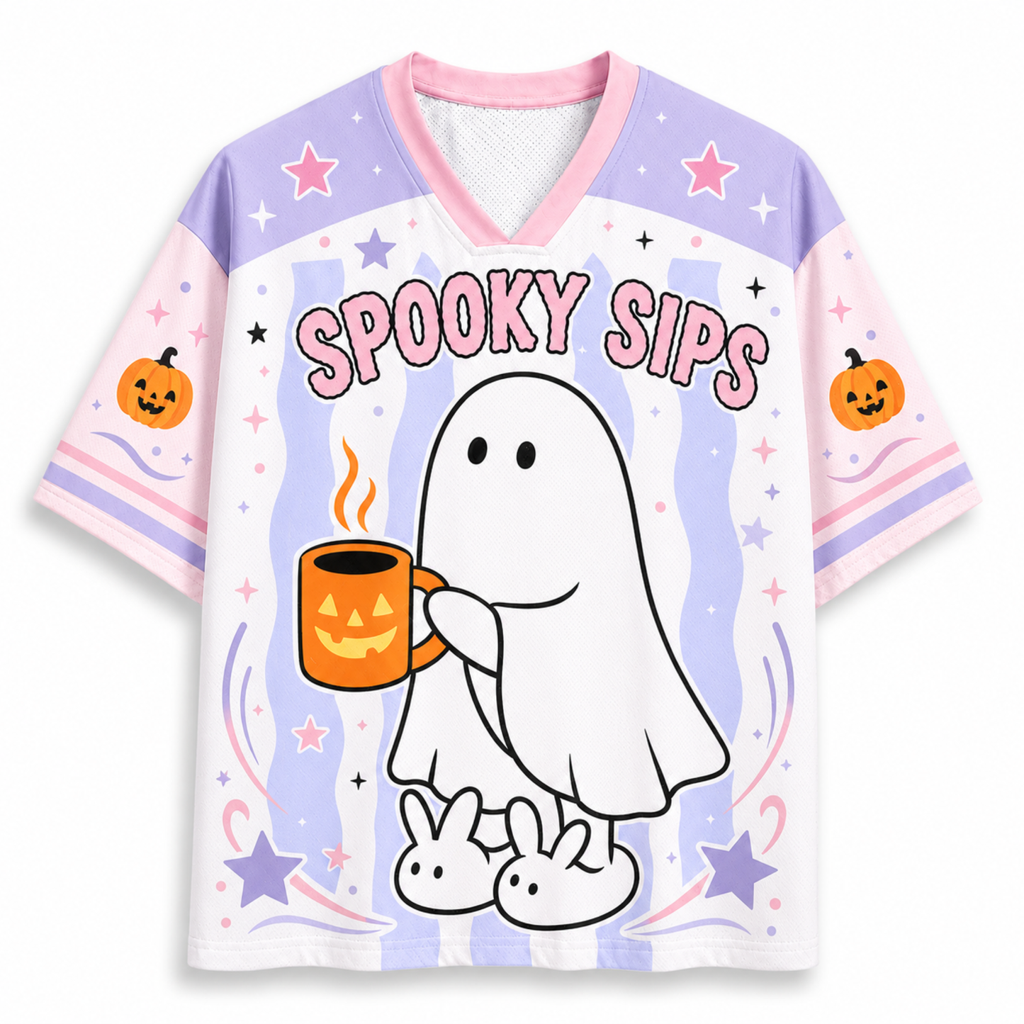A short-sleeve V-neck t-shirt with a Halloween graphic design. The shirt features a white ghost character holding an orange mug with steam, with two small white bunnies at its feet.