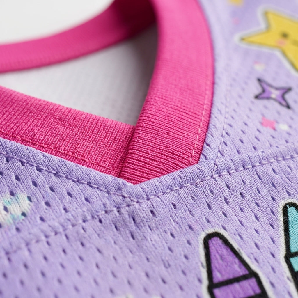 Close-up of a children's knit top showing a lavender purple body with a bright pink ribbed V-neck trim and small pastel star and crayon graphics.