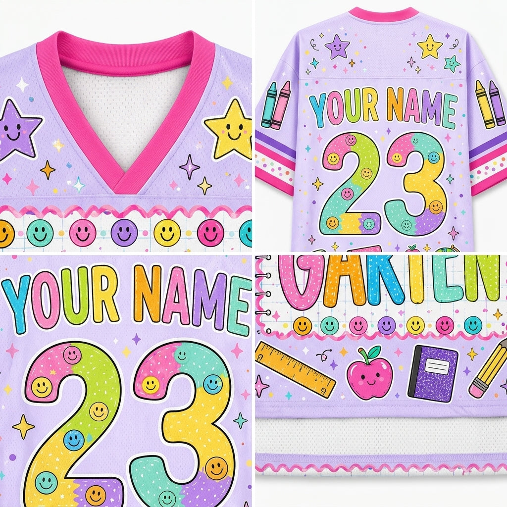 A personalized kids' V-neck jersey shirt shown in a four-panel collage, highlighting the front neckline, back with large customizable number 23 and name, front graphic detail, and back graphic detail. The shirt is light purple with hot pink trim and colorful school-themed graphics including smiley faces, stars, crayons, and a ruler.