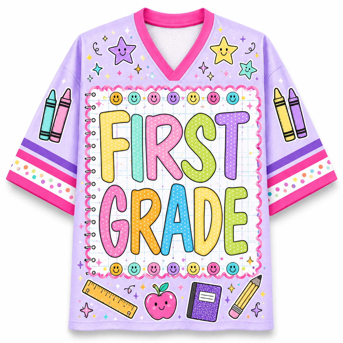 A light purple V-neck athletic-style jersey with a colorful 'FIRST GRADE' school-themed graphic on the front, including smiley faces, crayons, stars, a ruler, apple, notebook, and pencil illustrations.