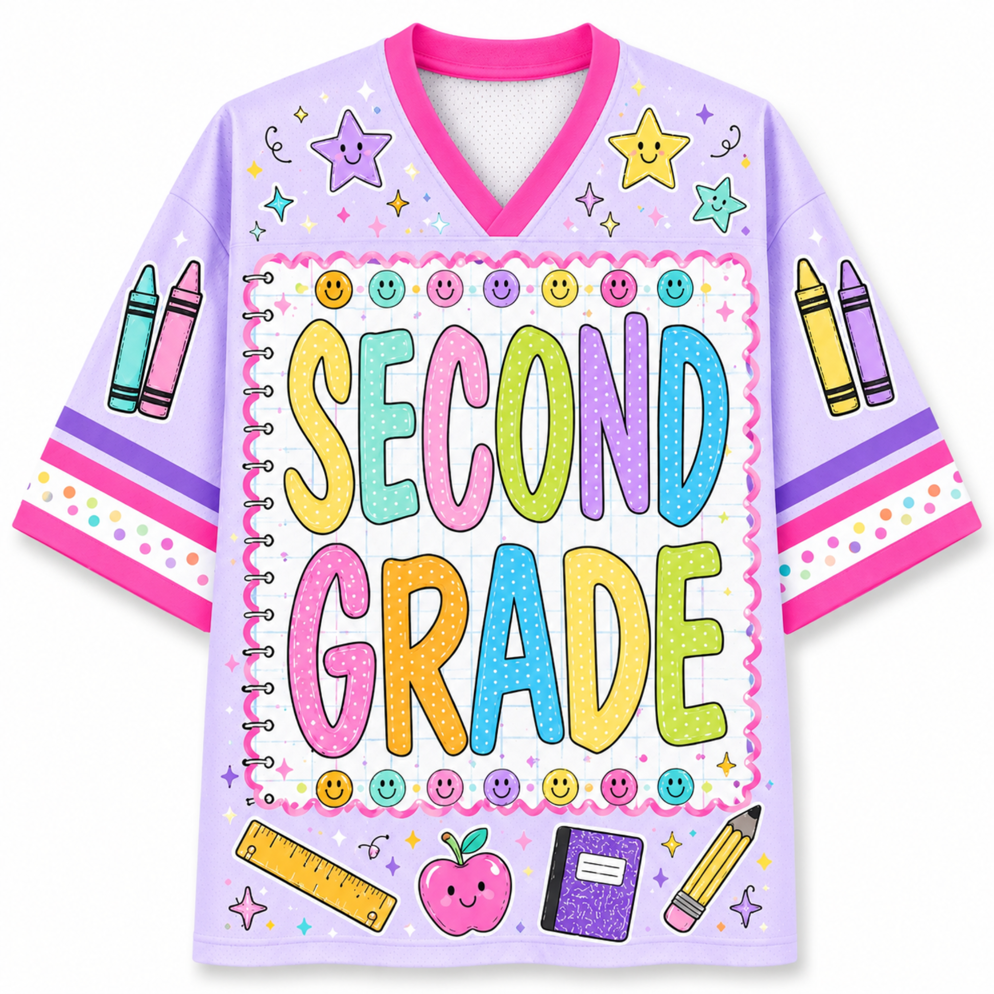 A light purple short-sleeve V-neck jersey-style shirt with 'SECOND GRADE' printed in large multicolored letters across the front, surrounded by school-themed illustrations including smiley faces, crayons, a ruler, notebook, apple, and pencil on a white background.