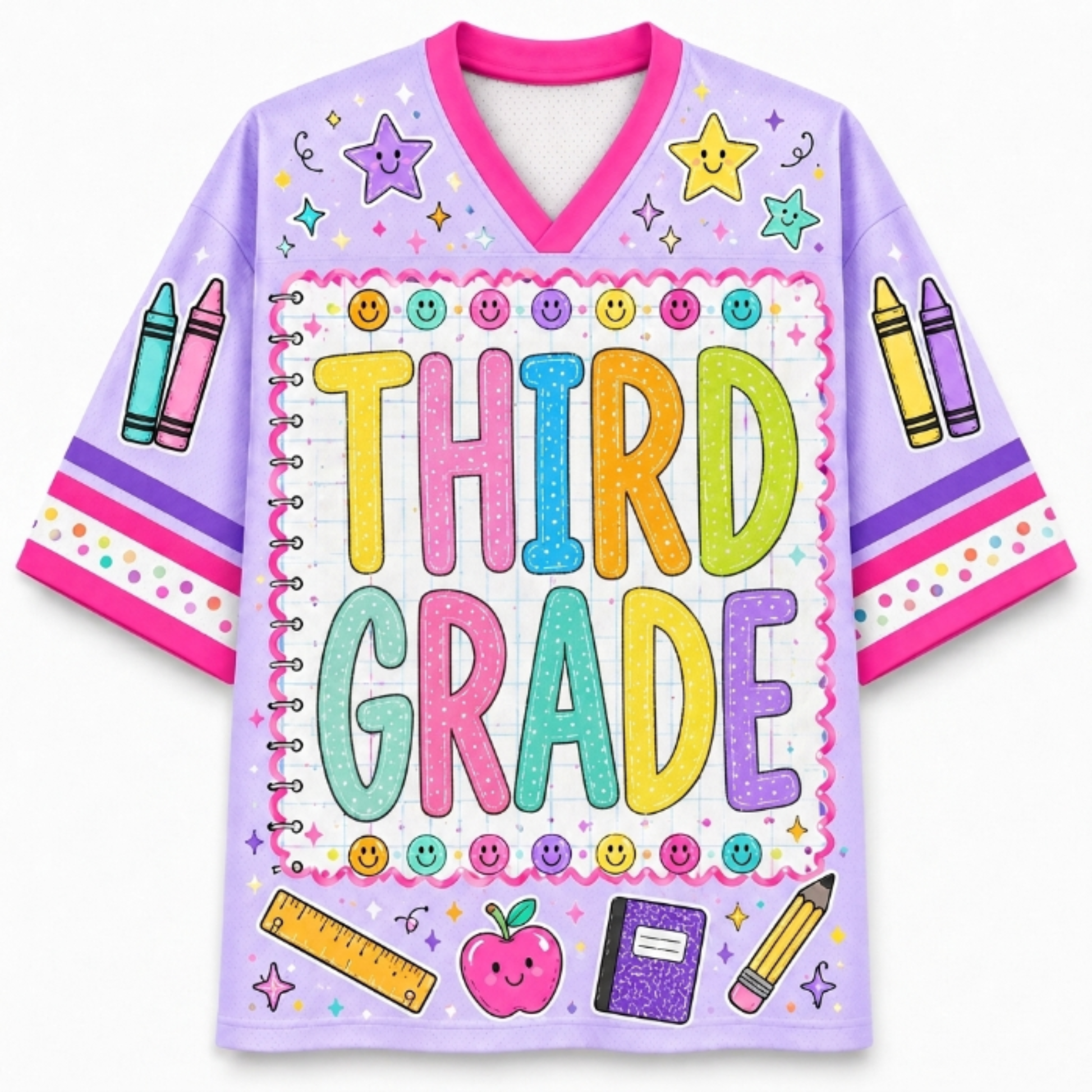 A light purple short-sleeve V-neck t-shirt with a colorful 'THIRD GRADE' school-themed graphic on the front, featuring crayons, smiley faces, a ruler, an apple, and a notebook.