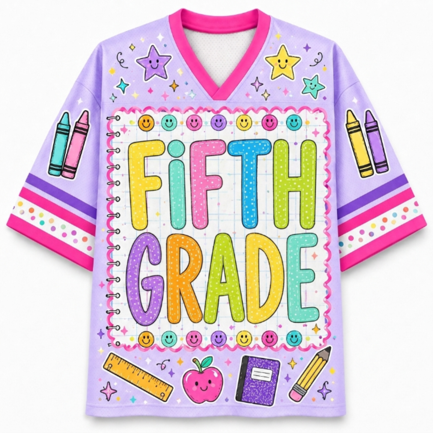 A light purple short-sleeve V-neck jersey-style shirt with a colorful 'FIFTH GRADE' graphic on the front, decorated with crayons, smiley faces, stars, a ruler, an apple, and a notebook.